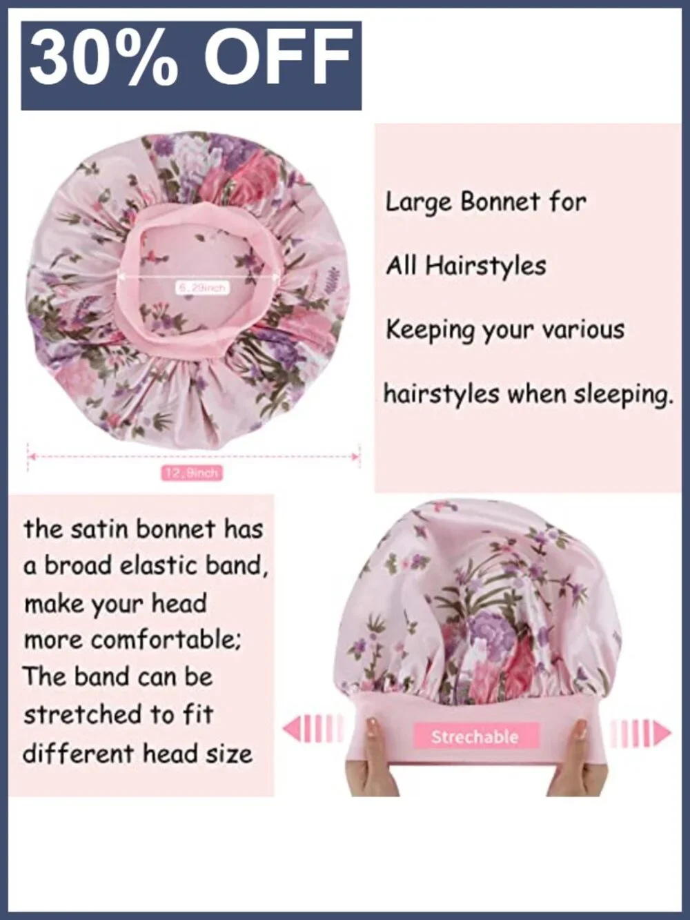 3 Pack Satin Bonnets for Sleeping Silk Hair Cap with Elastic Band for Women